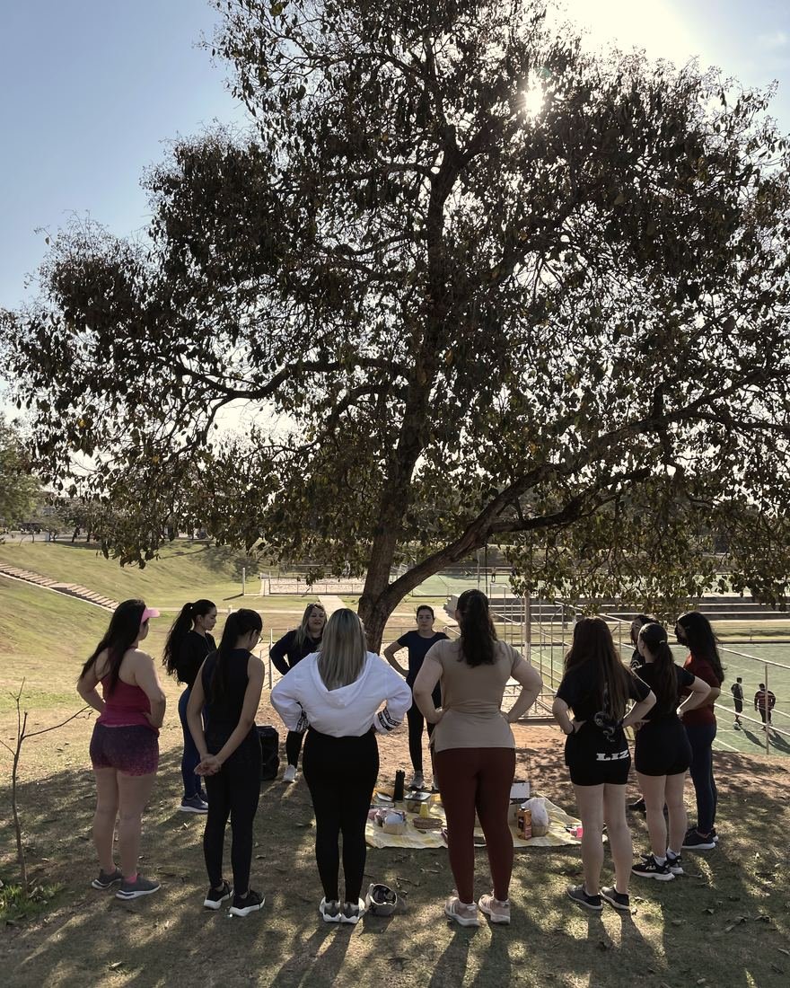 Mulheres em círculo embaixo de uma árvore durante um encontro ao ar livre