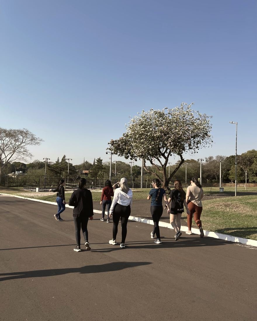 Grupo de mulheres caminhando junto em um parque pela manhã